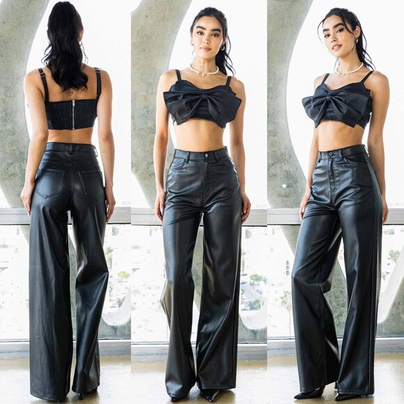 Darlene PU Wide Leg Black Pants | Women's Faux Leather Bottoms - Picture 1 of 12